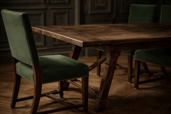 Mahogany trestle dining table with green upholstered chairs in Reeva Sethi Home showroom, Saratoga California