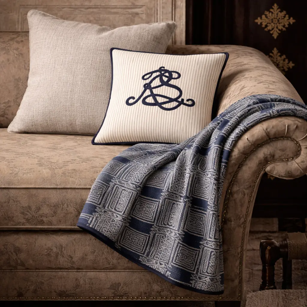 Tailored striped cushion and textile layering on a sofa — materials chosen for longevity at Reeva Sethi Home, Saratoga