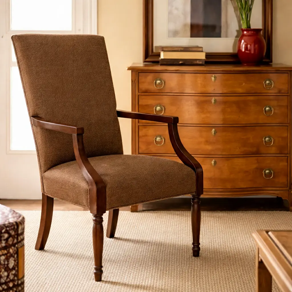 Classic armchair detail showing quiet proportion, tailored upholstery, and heritage texture