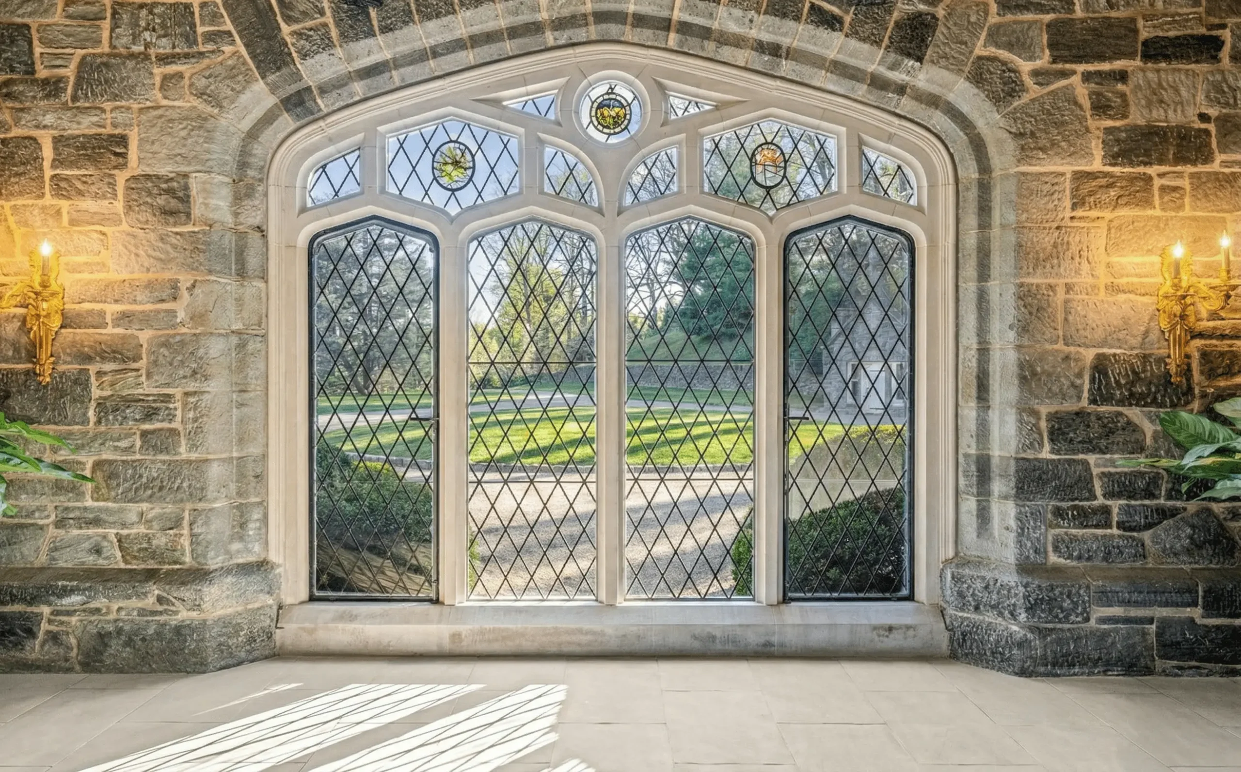 Stone-framed window with deep reveals and shadow — mass shaping sound and light