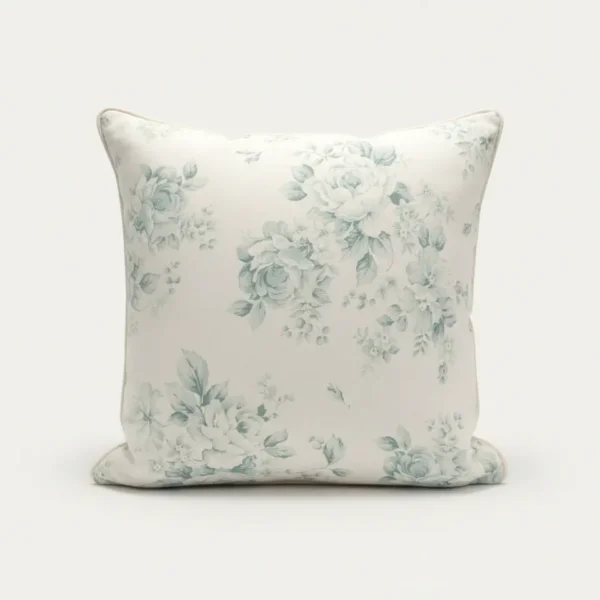 Vintage Rose Linen Throw Pillow with pale sage floral print on linen, 22x22