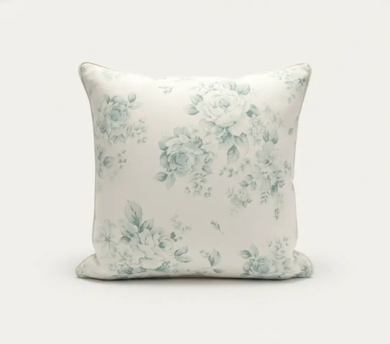 Vintage Rose Linen Throw Pillow with pale sage floral print on linen, 22x22