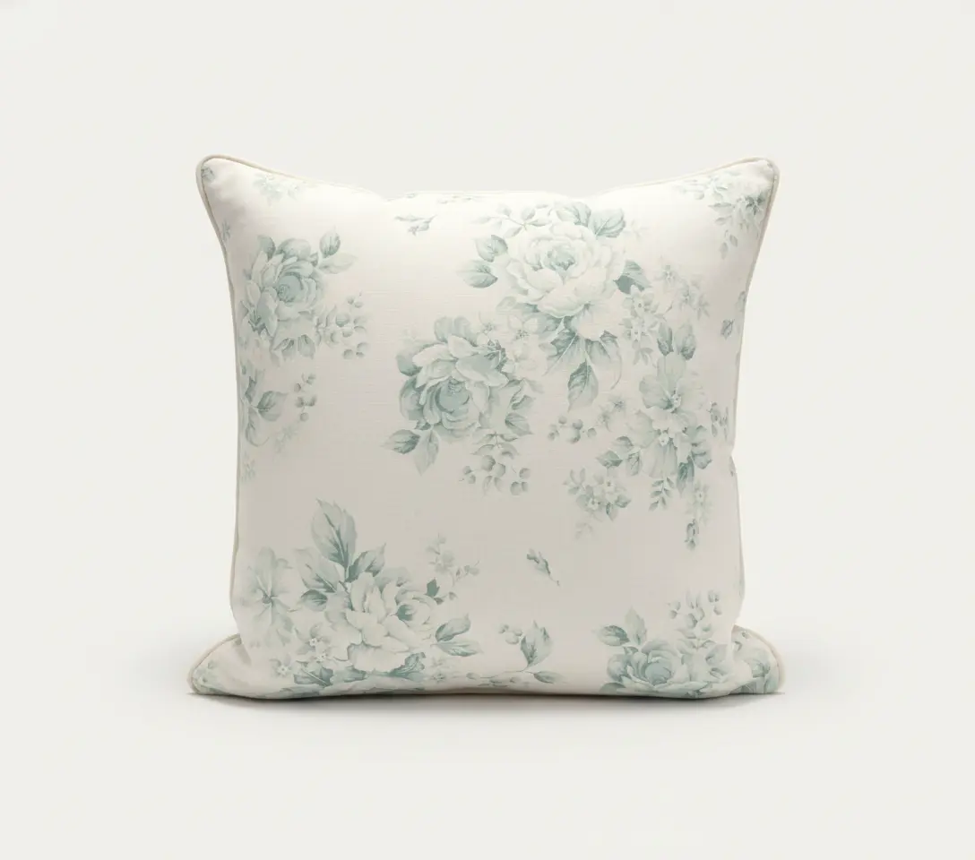 Vintage Rose Linen Throw Pillow with pale sage floral print on linen, 22x22