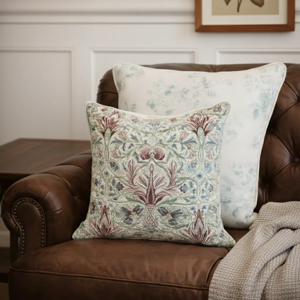 Vintage Rose Linen Throw Pillow and Arts & Crafts tapestry throw pillow styled on a tufted leather sofa, showing contrast between soft floral textiles and tailored leather upholstery.