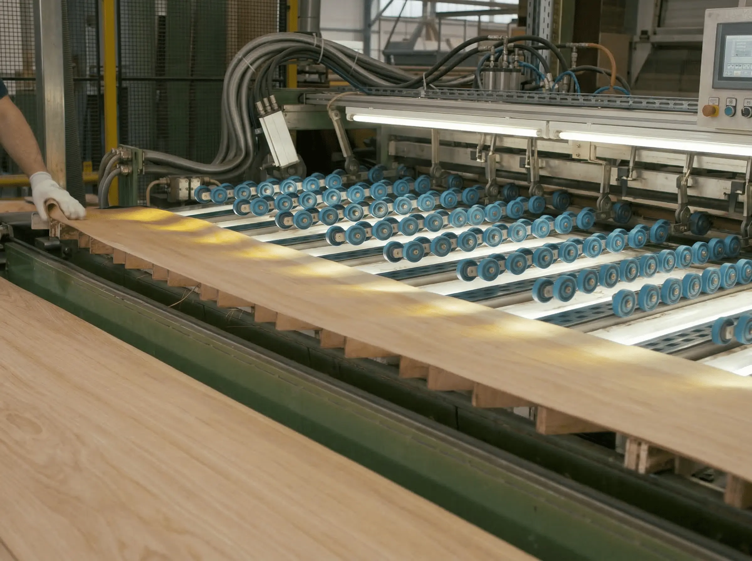 Wood veneer being sliced in precision production — fine furniture making