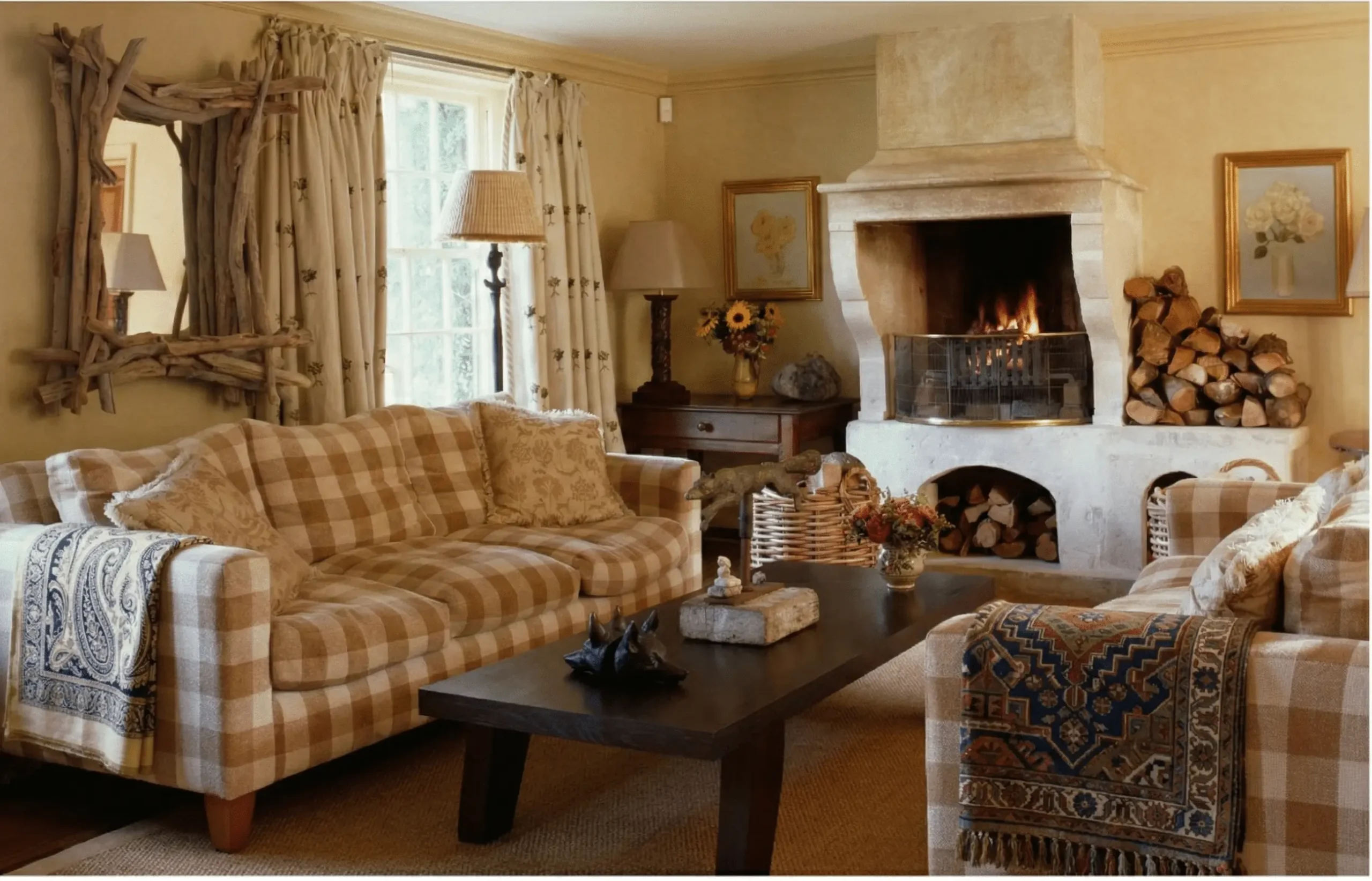 Layered, tactile sitting room with warm checks and natural materials — a modern room that still reads as familiar