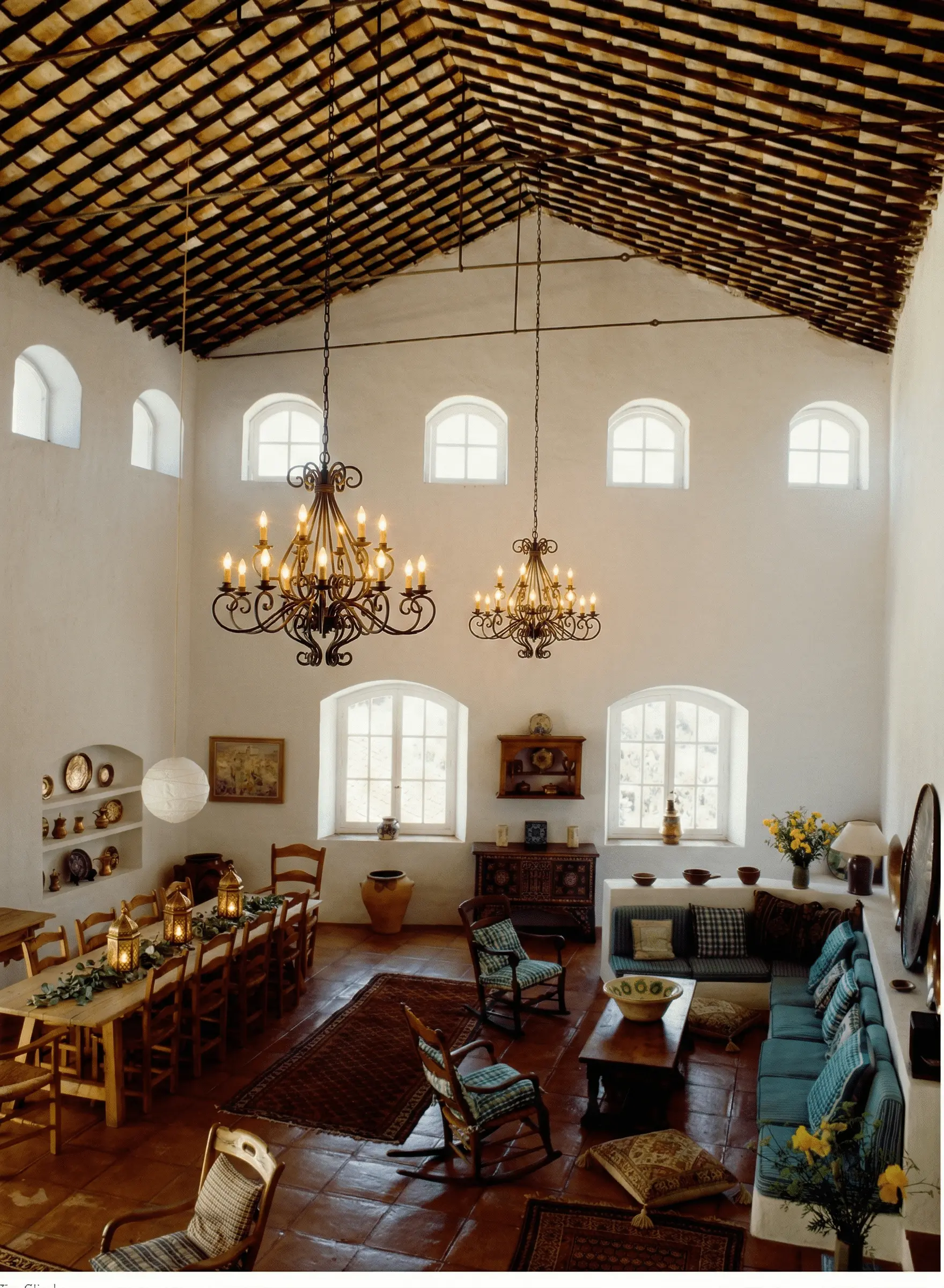 High-ceilinged Spanish interior with terracotta floors, timber roof, and collected seating — honest materials and proportion