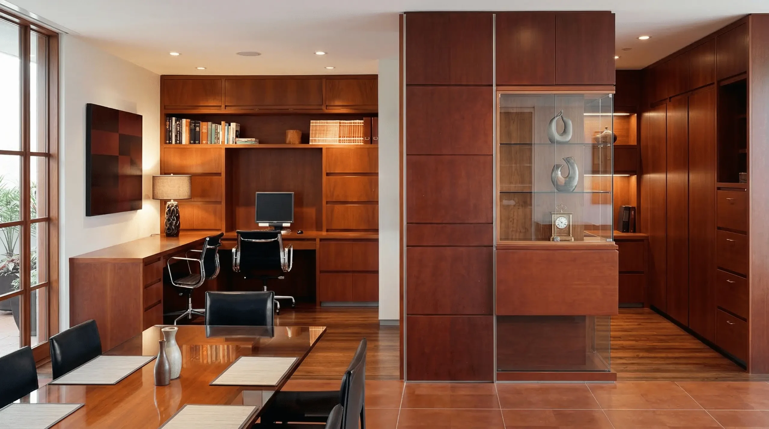 Mahogany paneling with natural light revealing depth and tonal variation