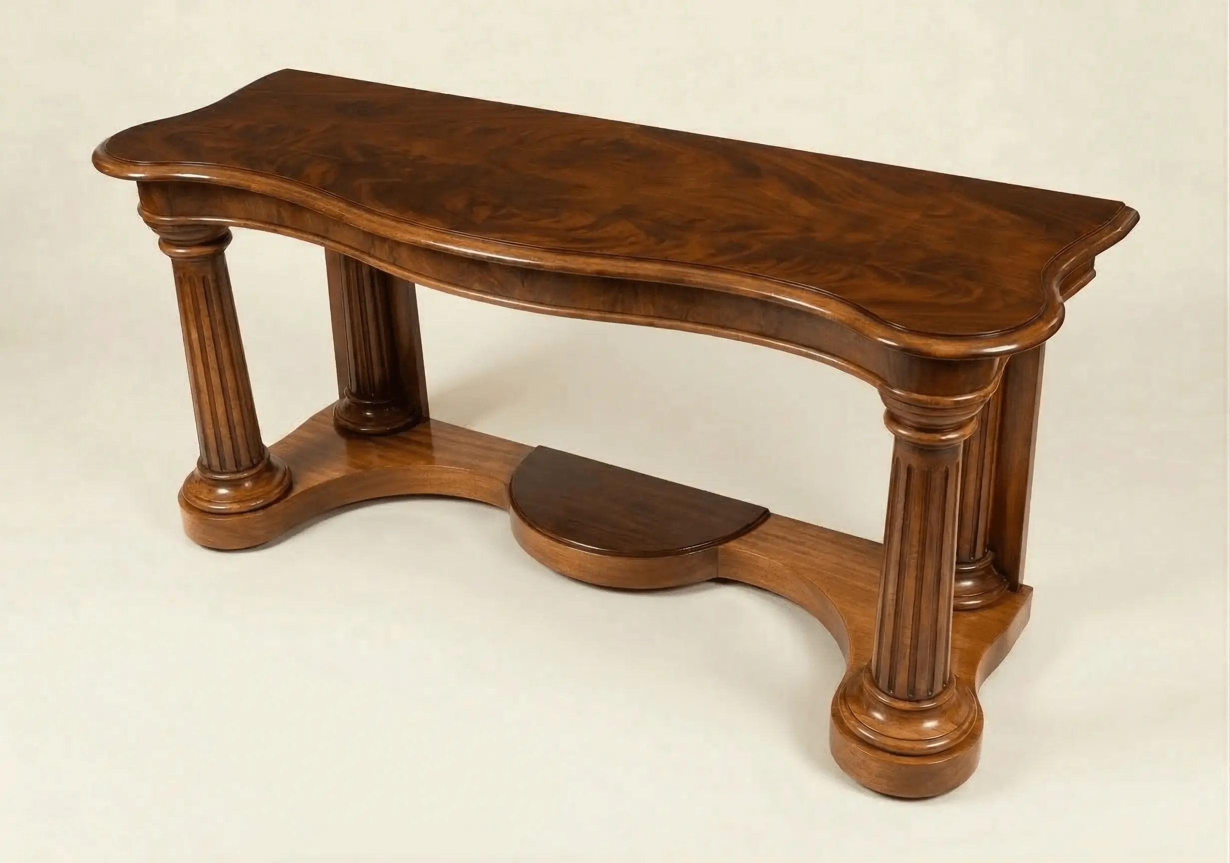 Neoclassical console table with figured veneered top and column detailing