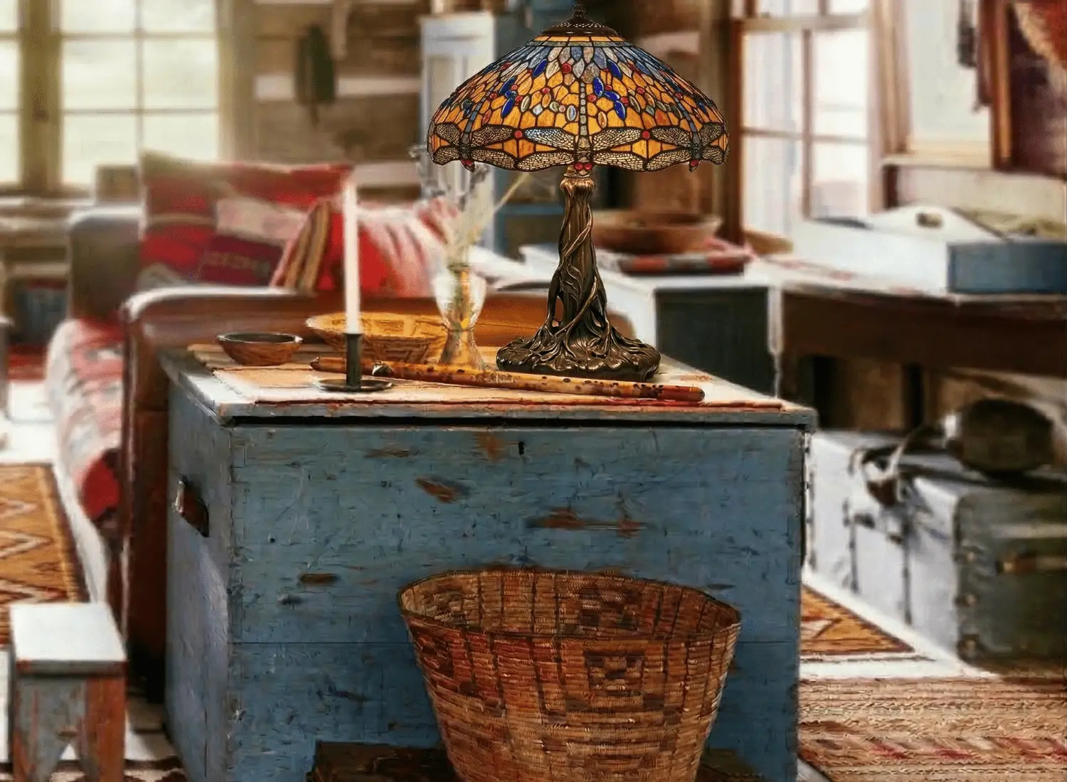 Rustic interior with aged blue wooden trunk and layered textiles showing natural wear