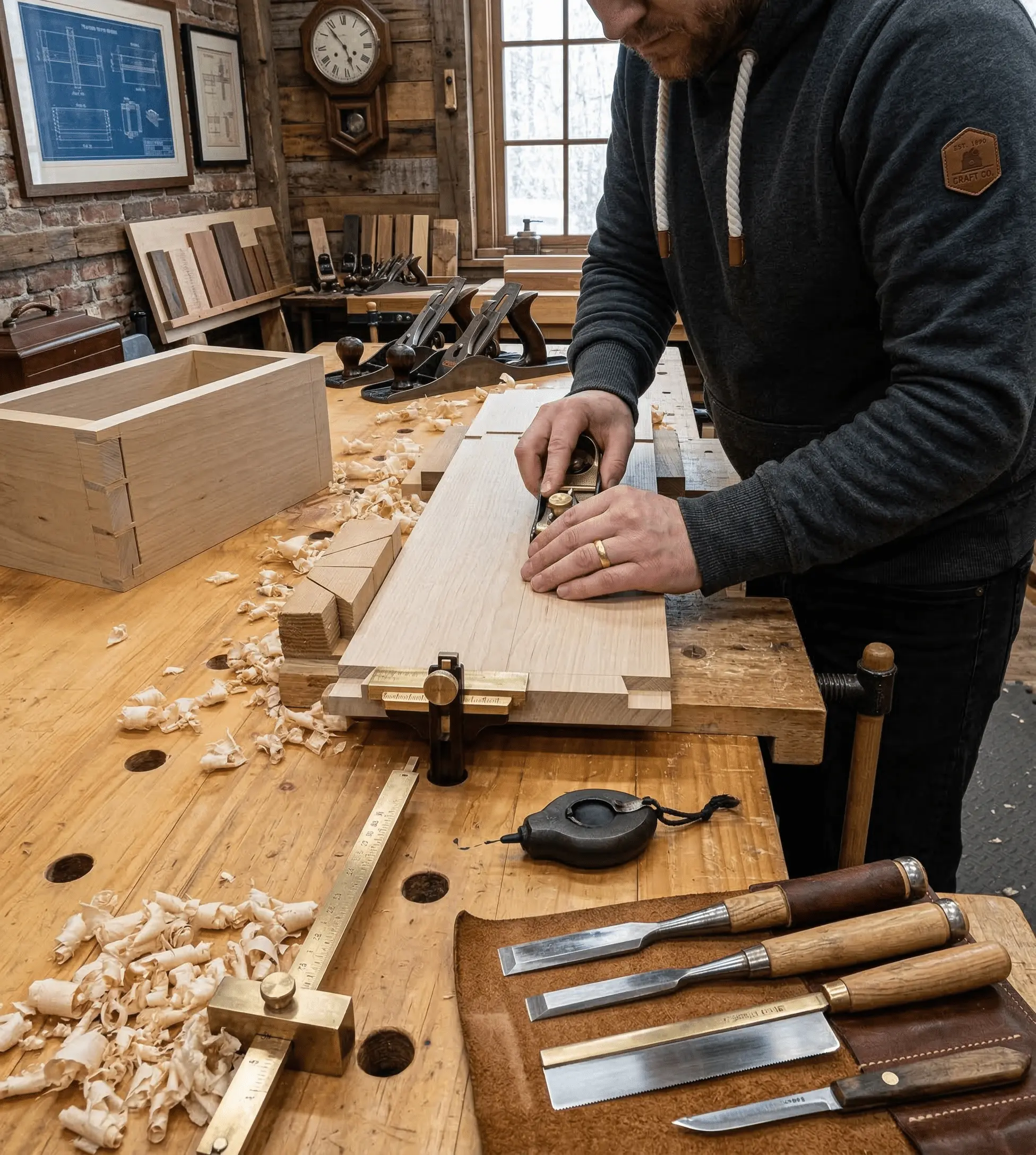 Cabinetmaker planing hardwood by hand at a traditional workbench