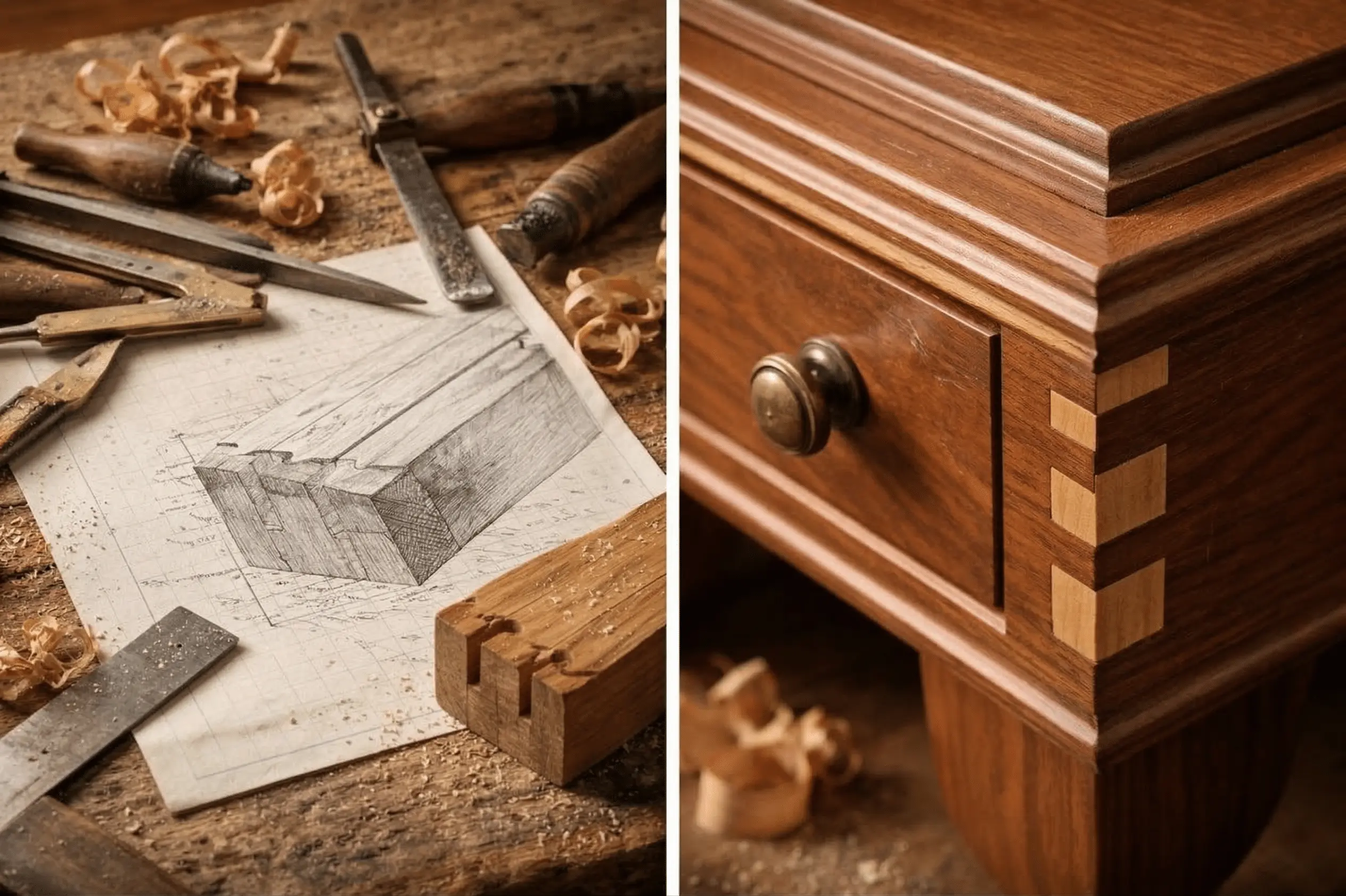Traditional woodworking tools arranged around a joinery drawing on a workbench