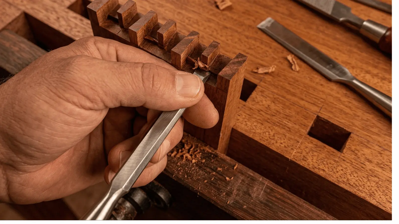 Hand-carved wood furniture detail showing crisp edges and craftsmanship