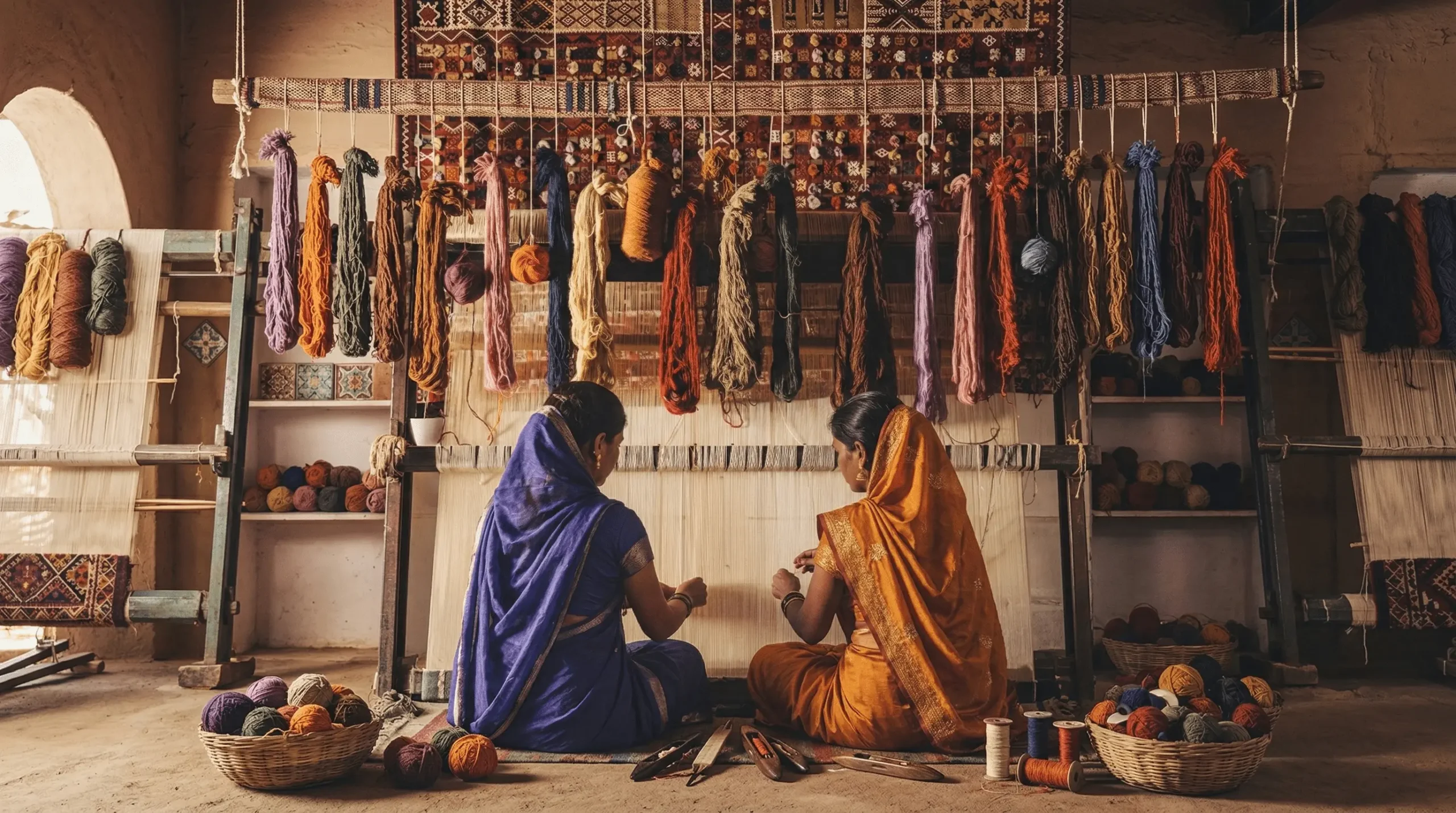 Hand-knotted rug weaving on a traditional loom