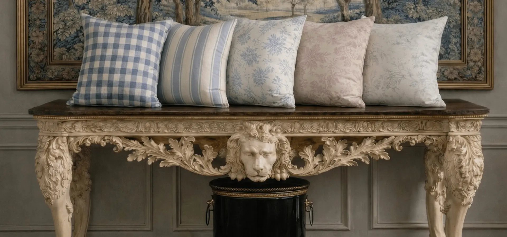 Heritage throw pillows styled on a carved console table against a classic tapestry at Reeva Sethi Home