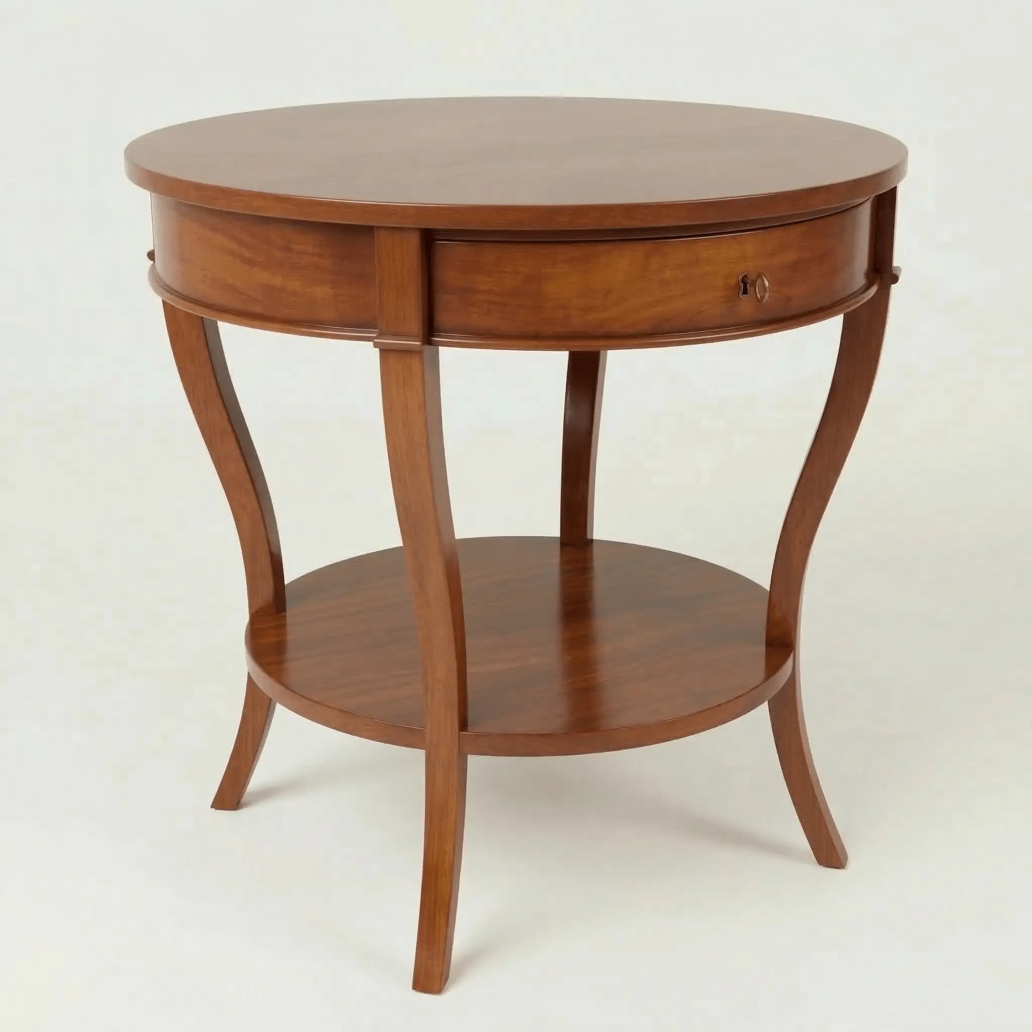 Solid mahogany round bedside table with sabre legs and lower shelf