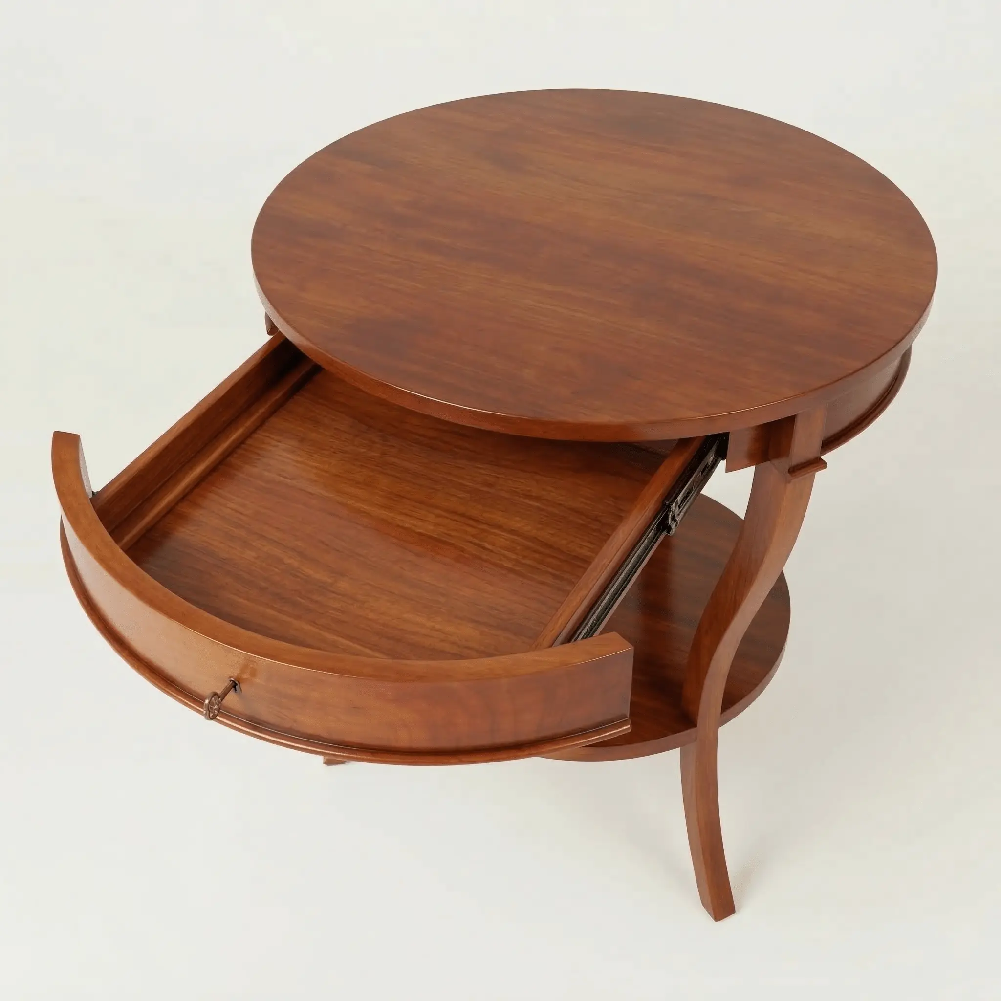 Mahogany bedside table with drawer open showing storage