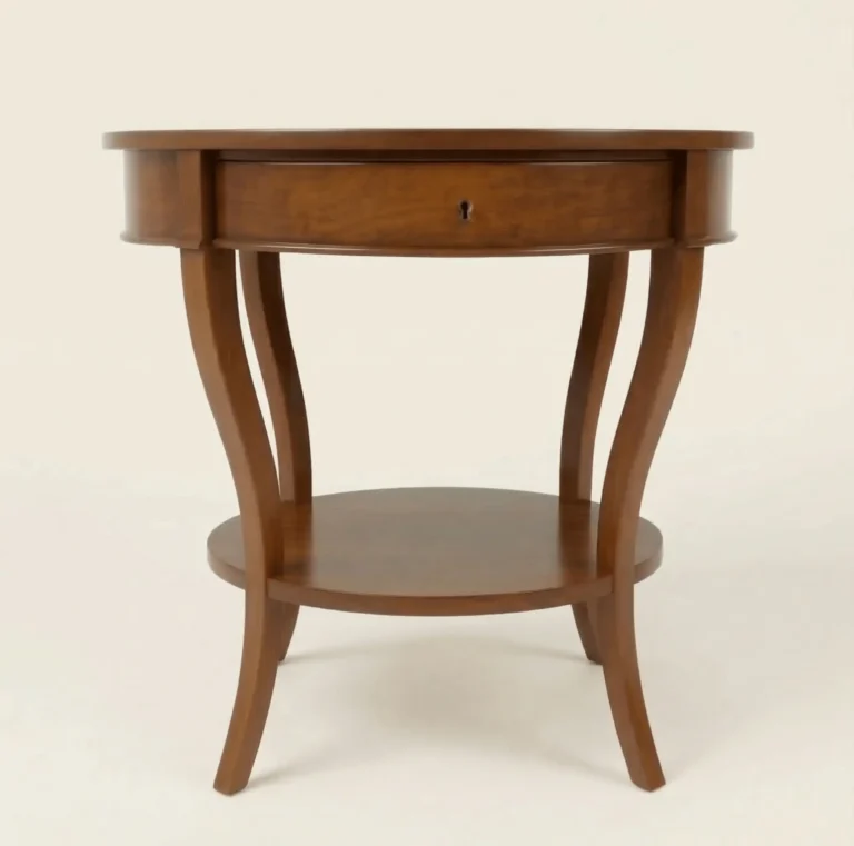 Kensington mahogany bedside table with round top, drawer, sabre legs and lower shelf