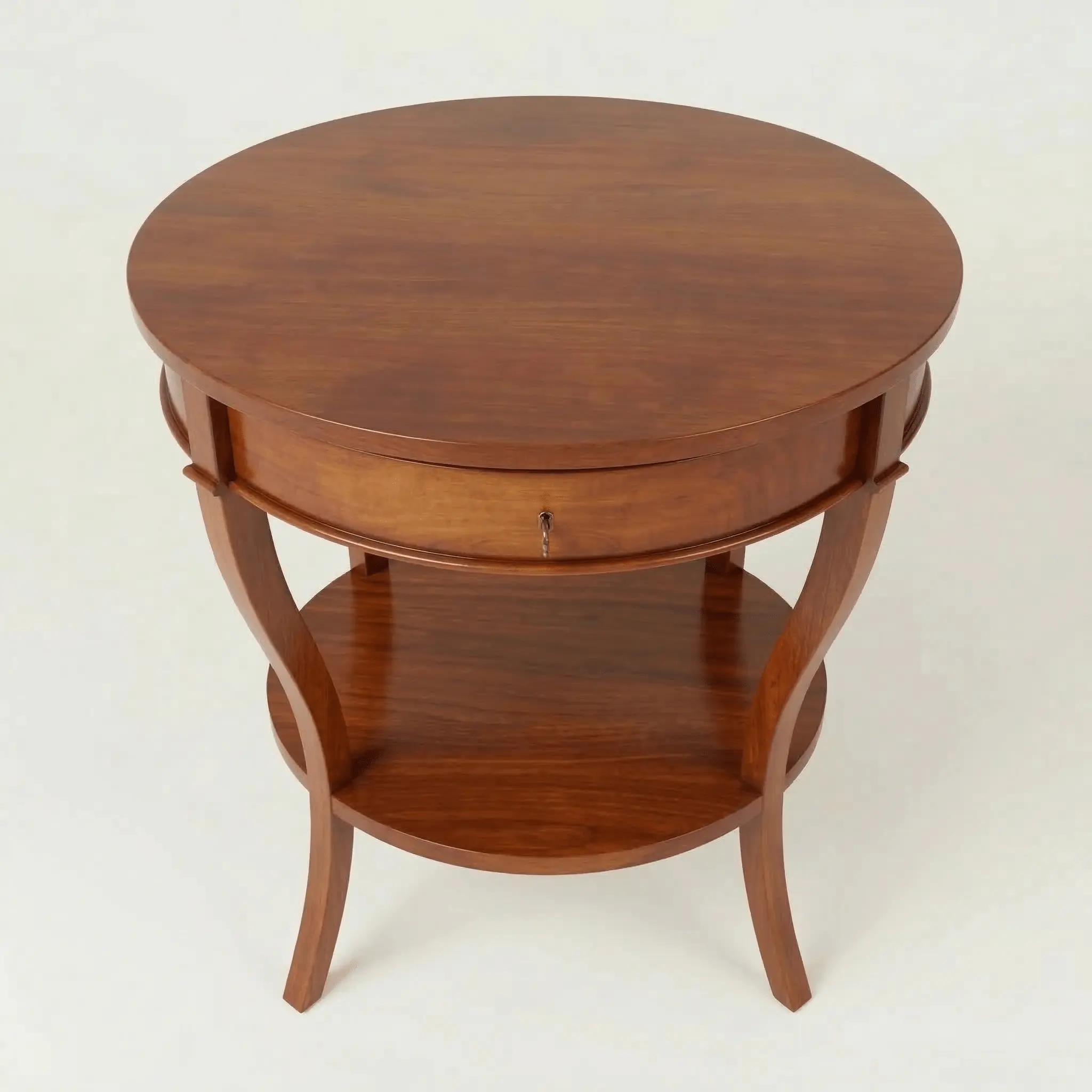 Round solid mahogany bedside table with drawer and lower shelf Tope View