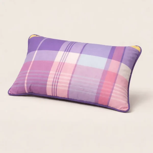 purple plaid throw pillow 14x24 cotton lumbar pillow front view feather insert