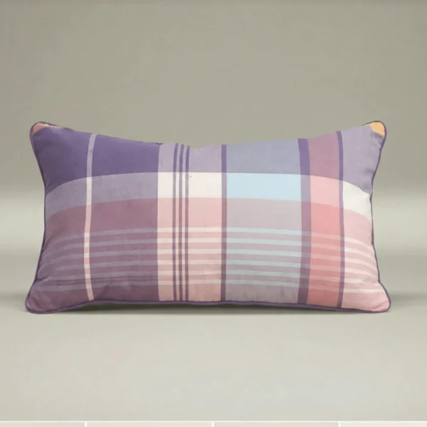 purple plaid throw pillow 14x24 cotton lumbar pillow front view feather insert