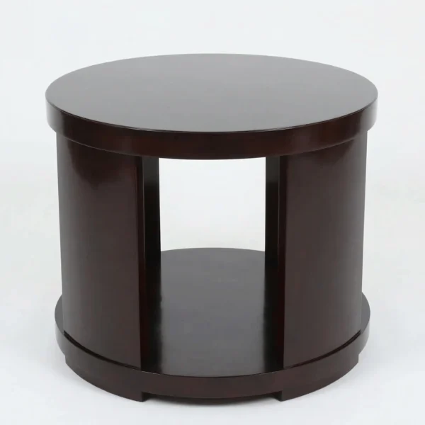 Solid mahogany drum side table with architectural column openings and circular top