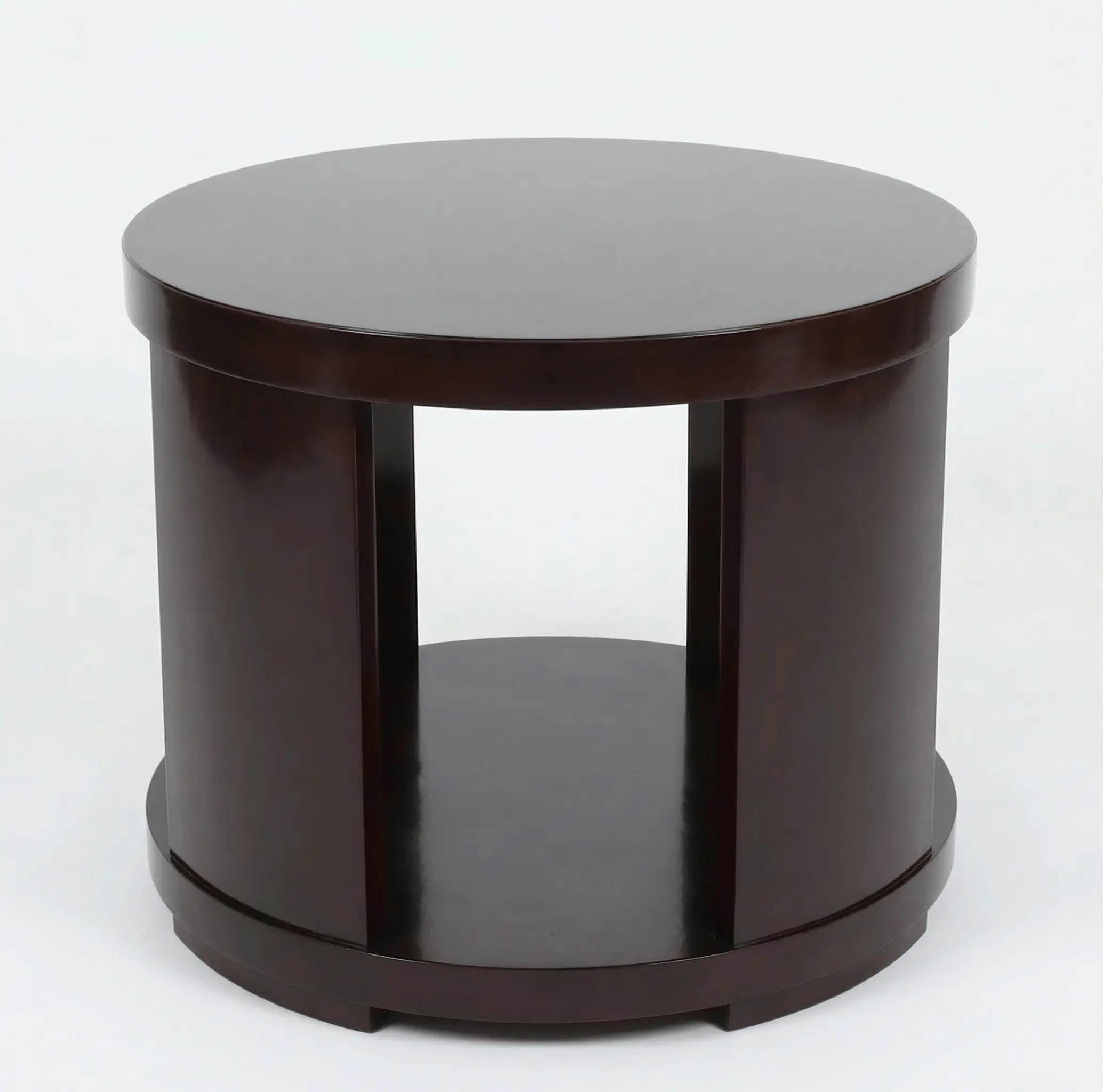 Solid mahogany drum side table with architectural column openings and circular top