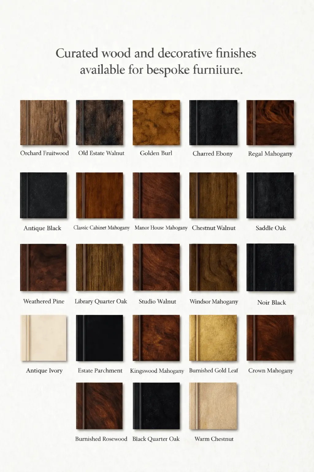 Curated wood finishes including walnut, mahogany, oak, ebony, parchment, ivory, and gold leaf for bespoke furniture at Reeva Sethi Home