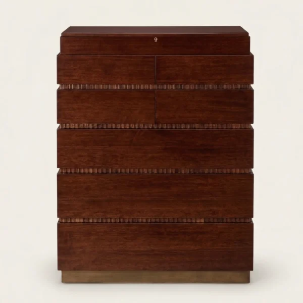 Alden mahogany campaign chest front detail with fluted drawer fronts and keyhole