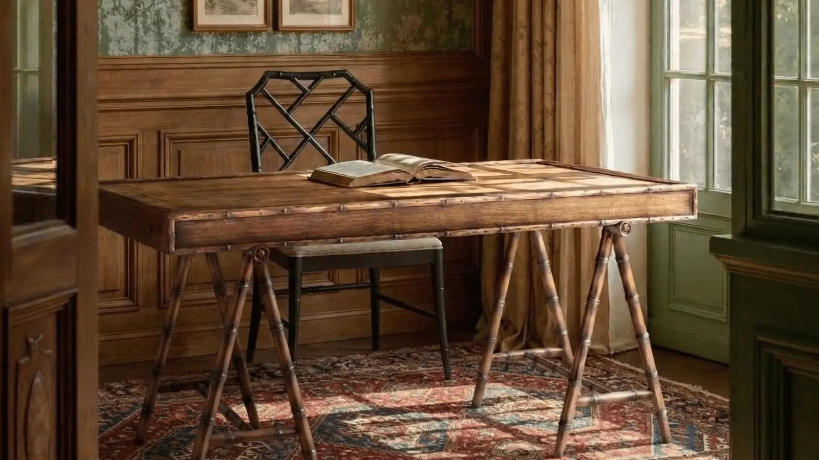 Solid wood writing desk in a traditional study with natural light revealing the depth and character of real wood