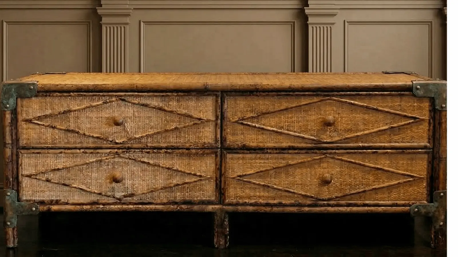 Vintage rattan and bamboo dresser showing natural aging and woven texture