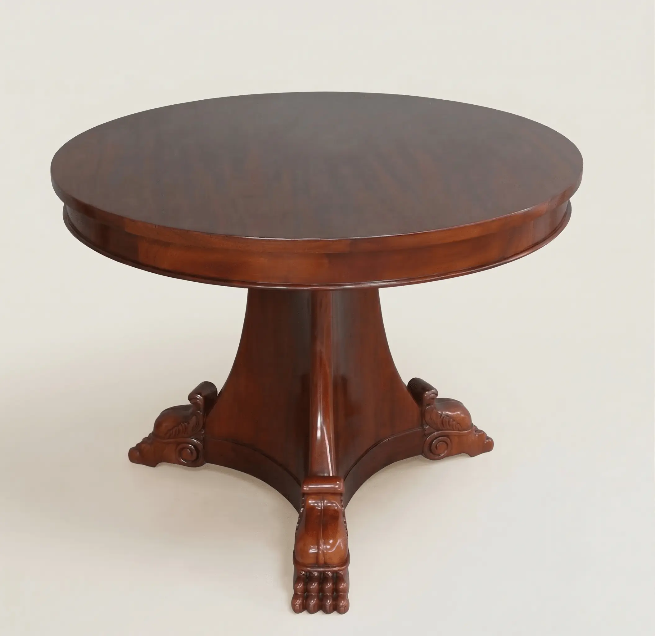 Wycliffe mahogany pedestal occasional table with round top and carved claw feet