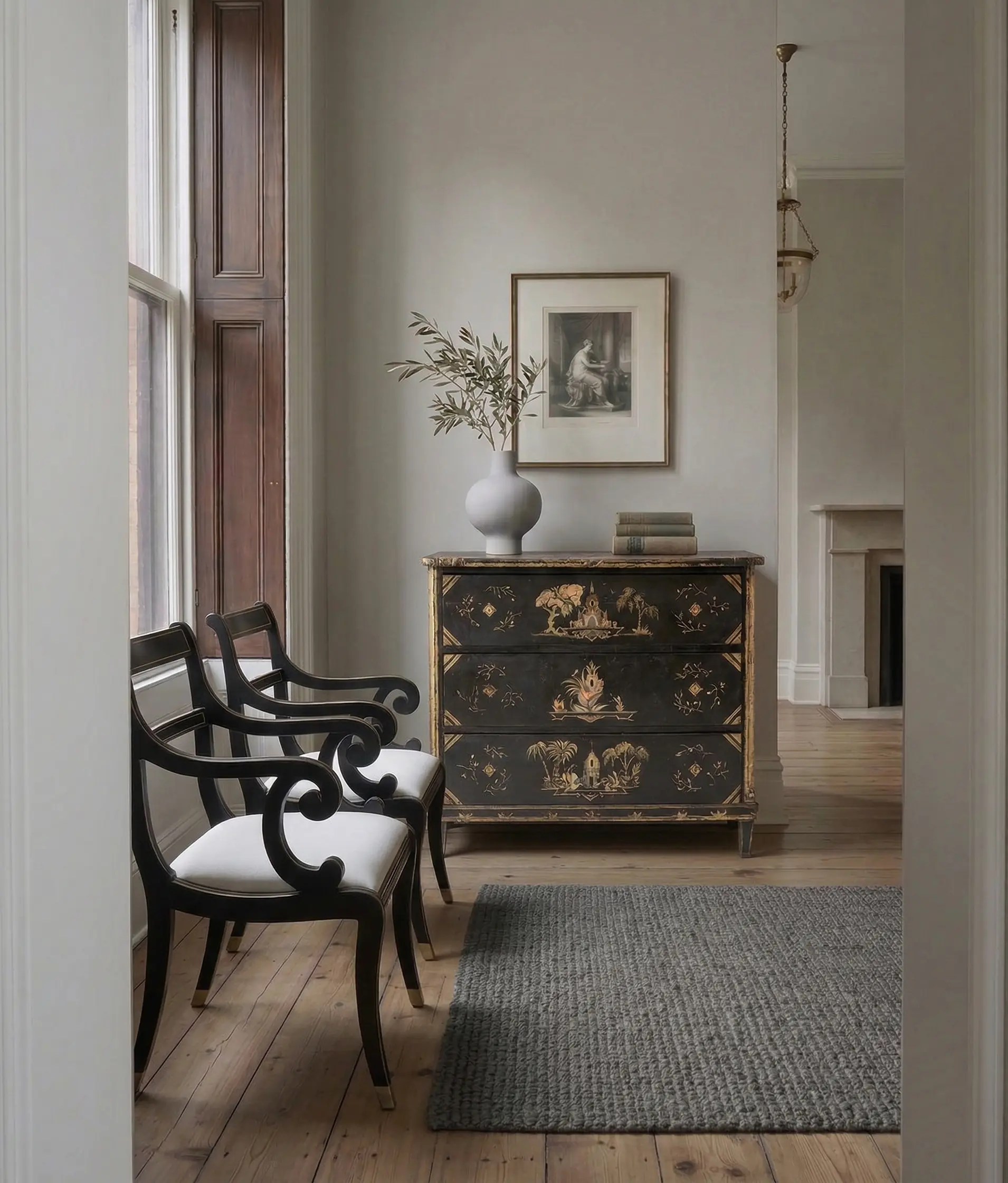 Hand-painted chinoiserie chest with Regency chair in a refined interior setting serving San Jose