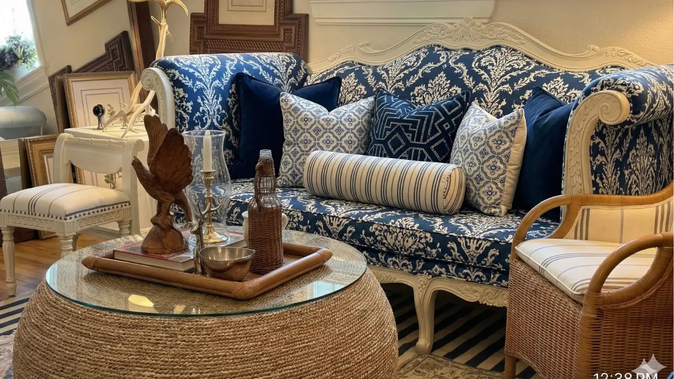 Layered living room at Reeva Sethi Home showing furniture does not need to match — Saratoga