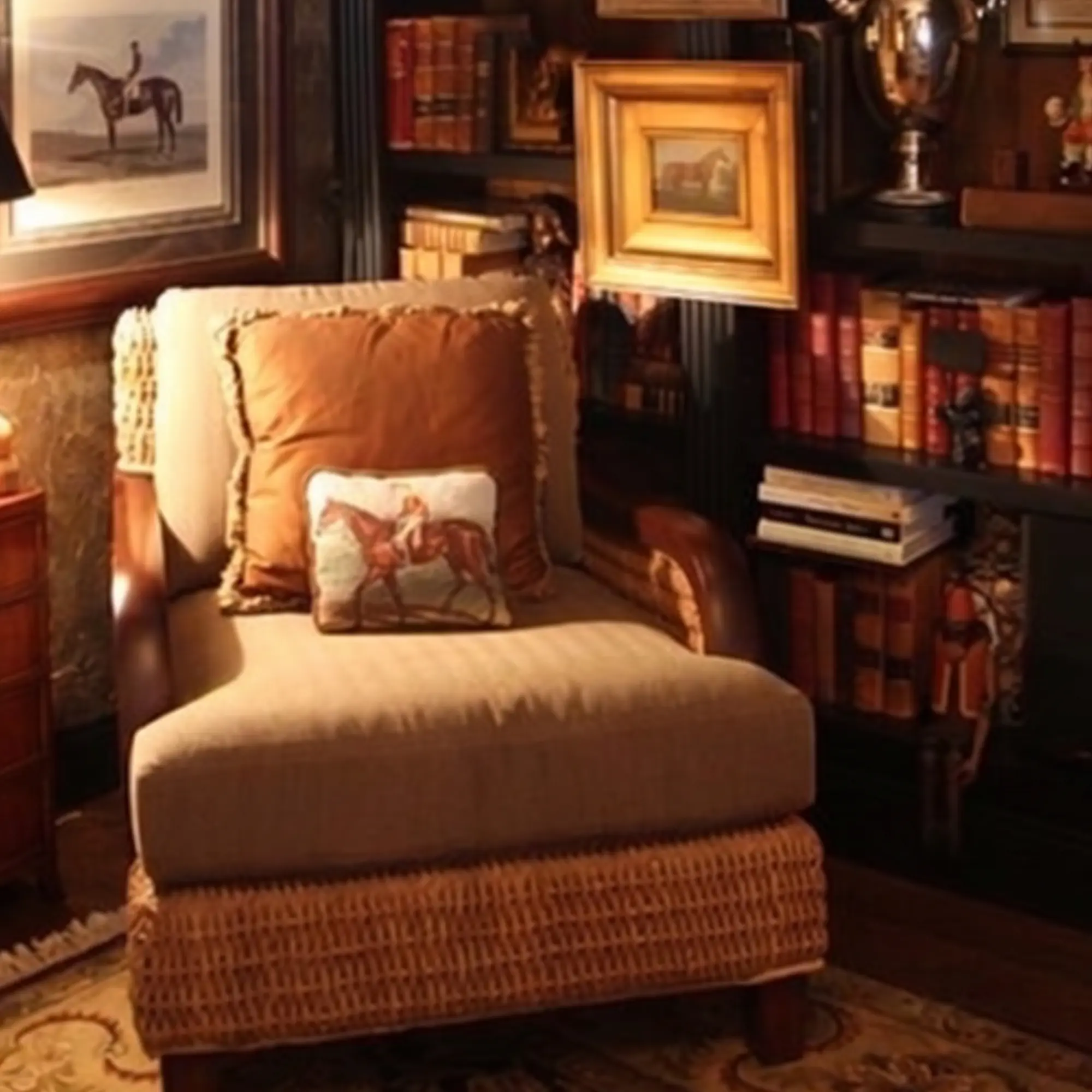 Low back accent chair upholstered in neutral fabric in a traditional library setting with wood paneling and bookshelves