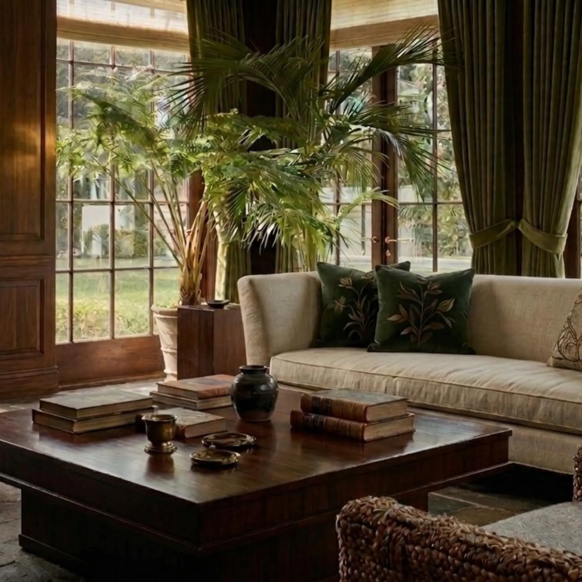 California living room with dark wood natural light and layered textures