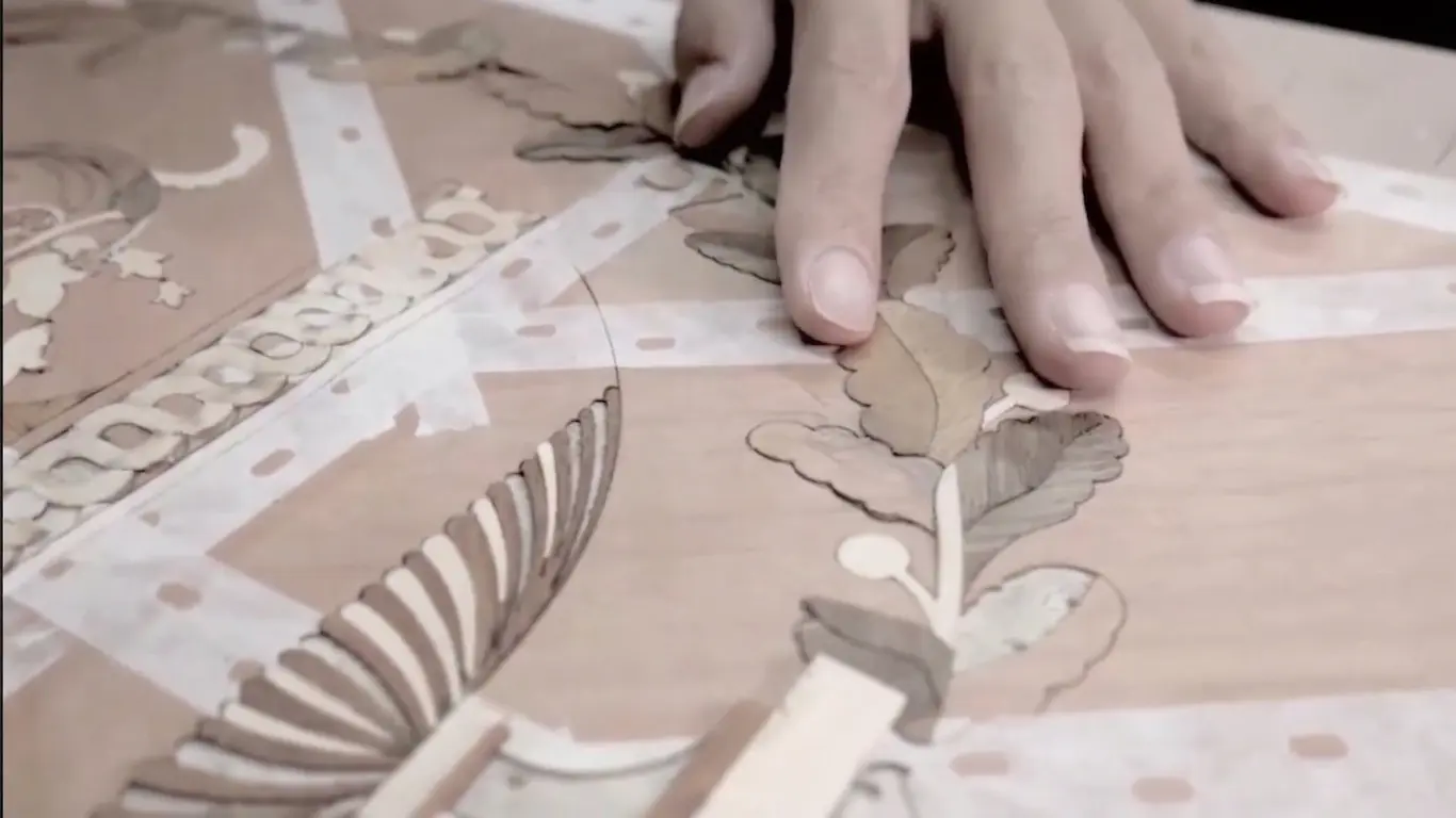 Marquetry inlay handcraft detail showing material depth and coherence — Reeva Sethi Home