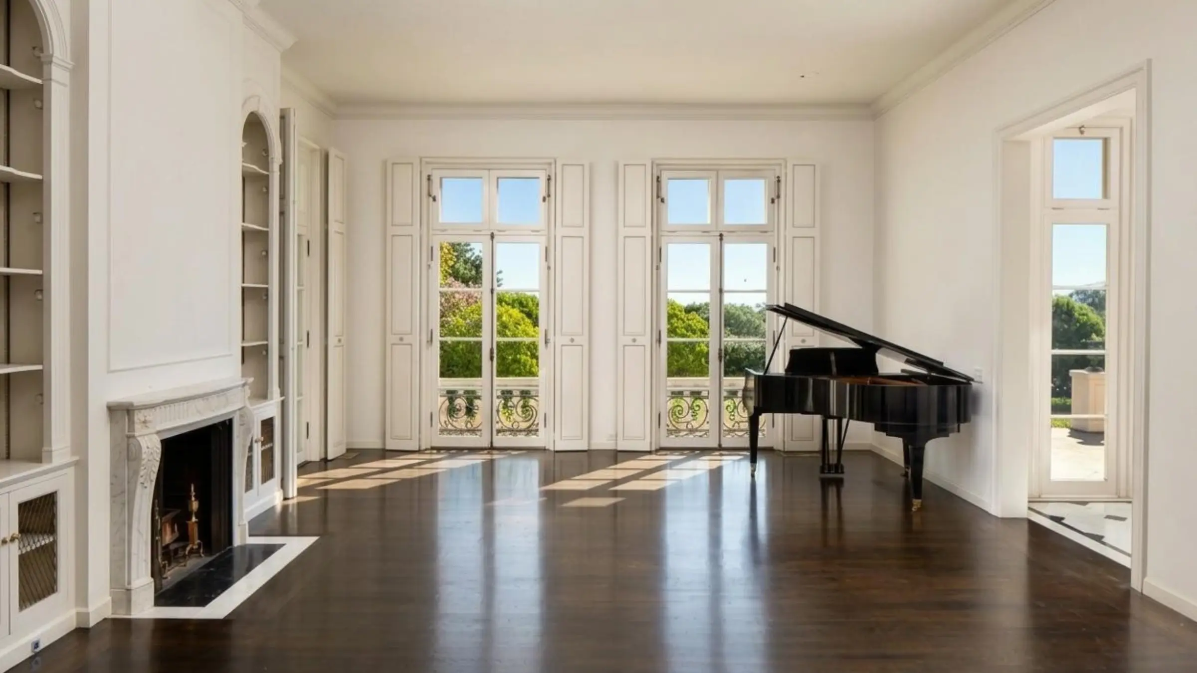 Underfurnished California interior with dark wood floor and grand piano showing lack of grounding