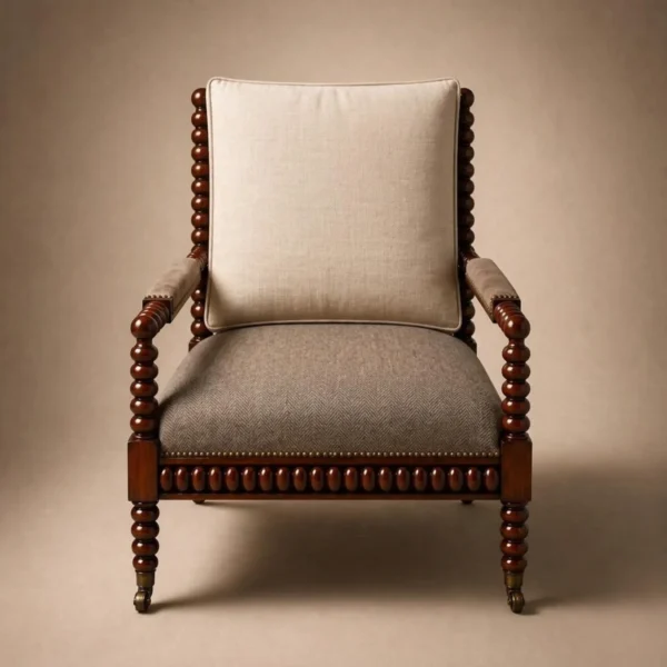 Solid wood bobbin armchair with upholstered seat and back cushion, front view