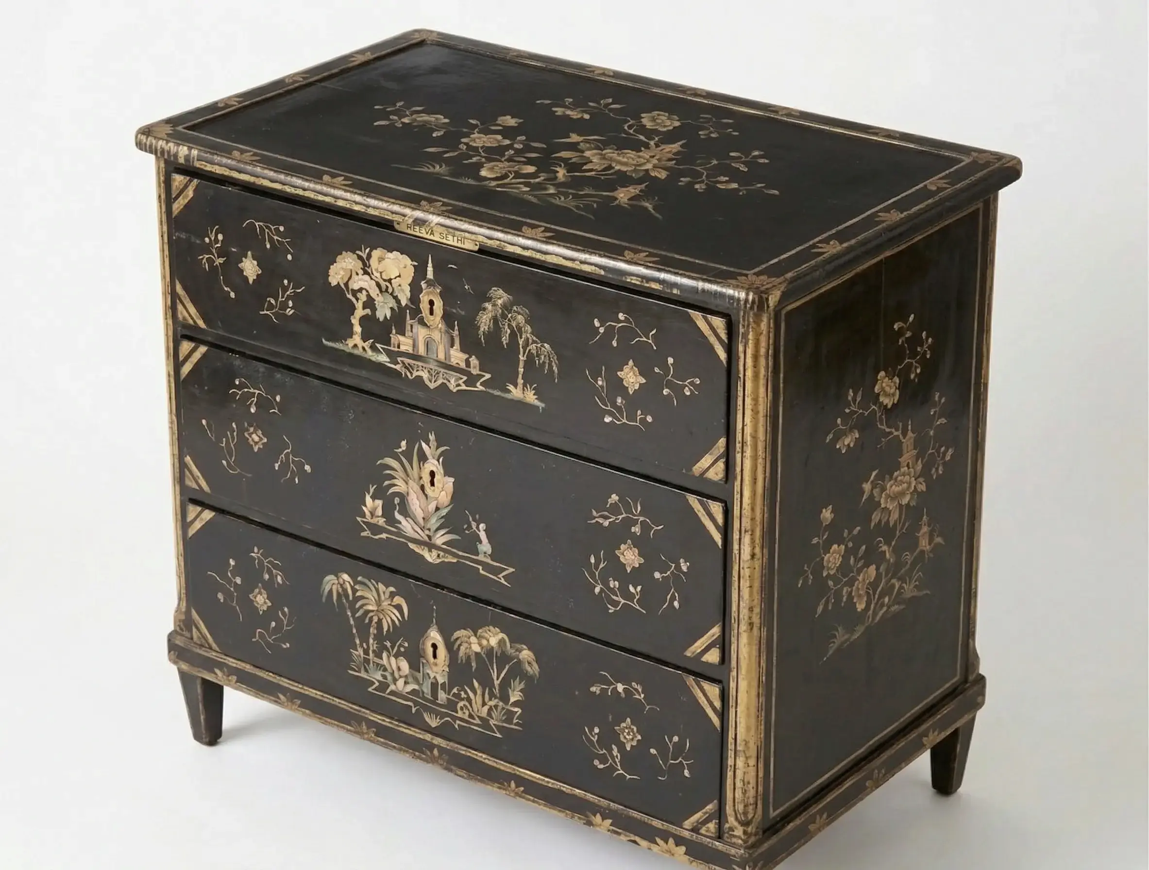 Lacquered inlay chest showing heirloom quality furniture chosen for its own authority — Reeva Sethi Home Saratoga