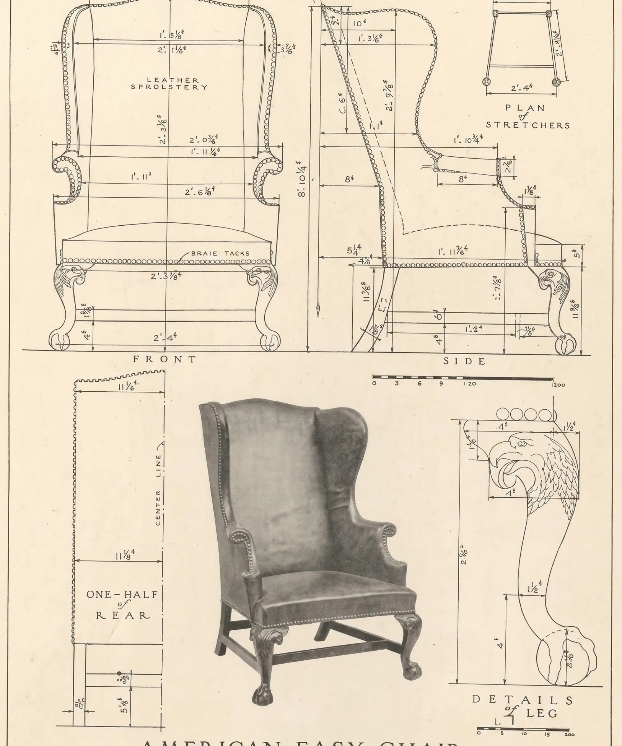 wingback chair dimensions diagram showing front and side view proportions seat height back angle and wing structure