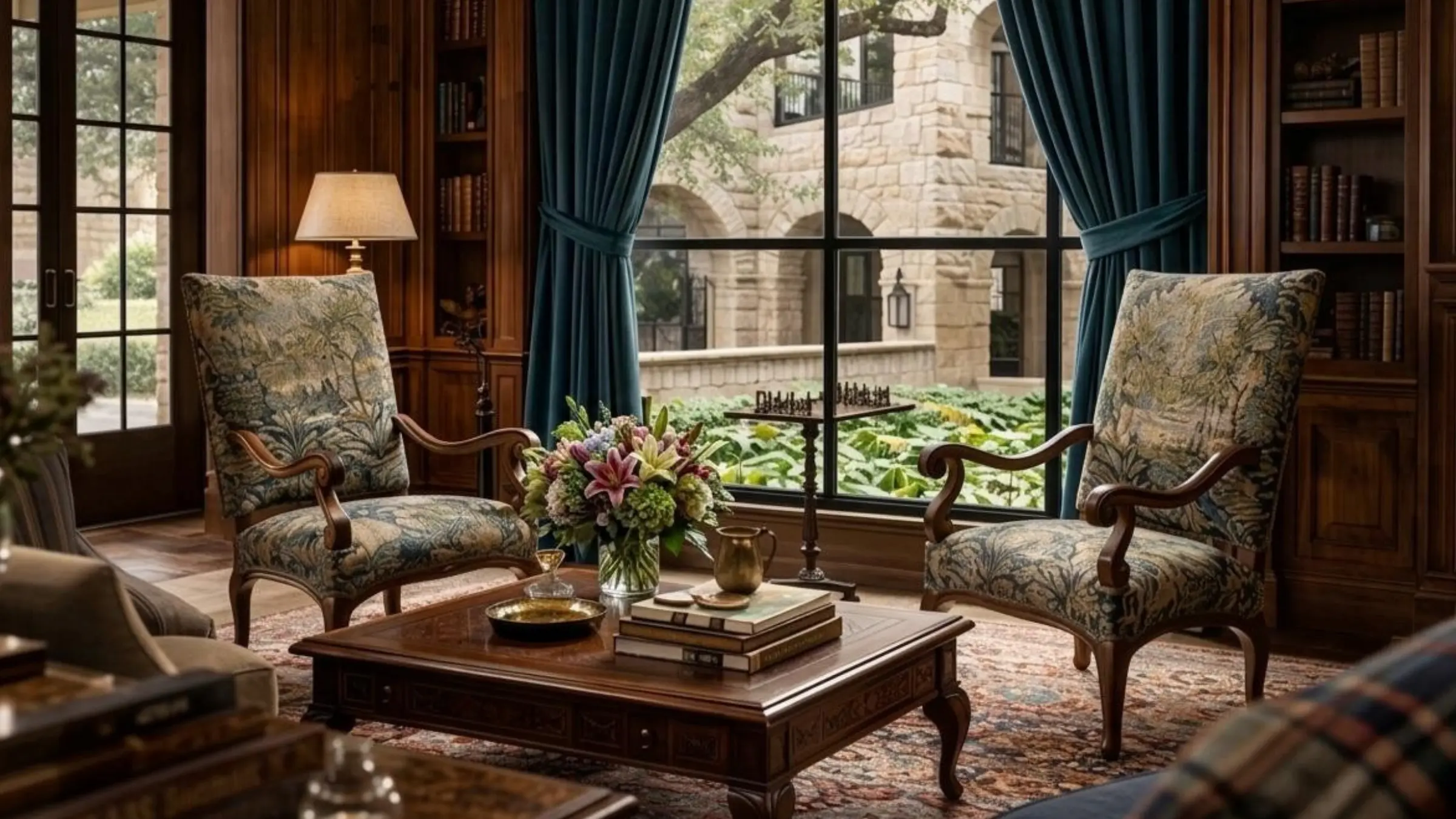 Wood paneled library with tapestry chairs and layered classical interior showing contrast and completeness