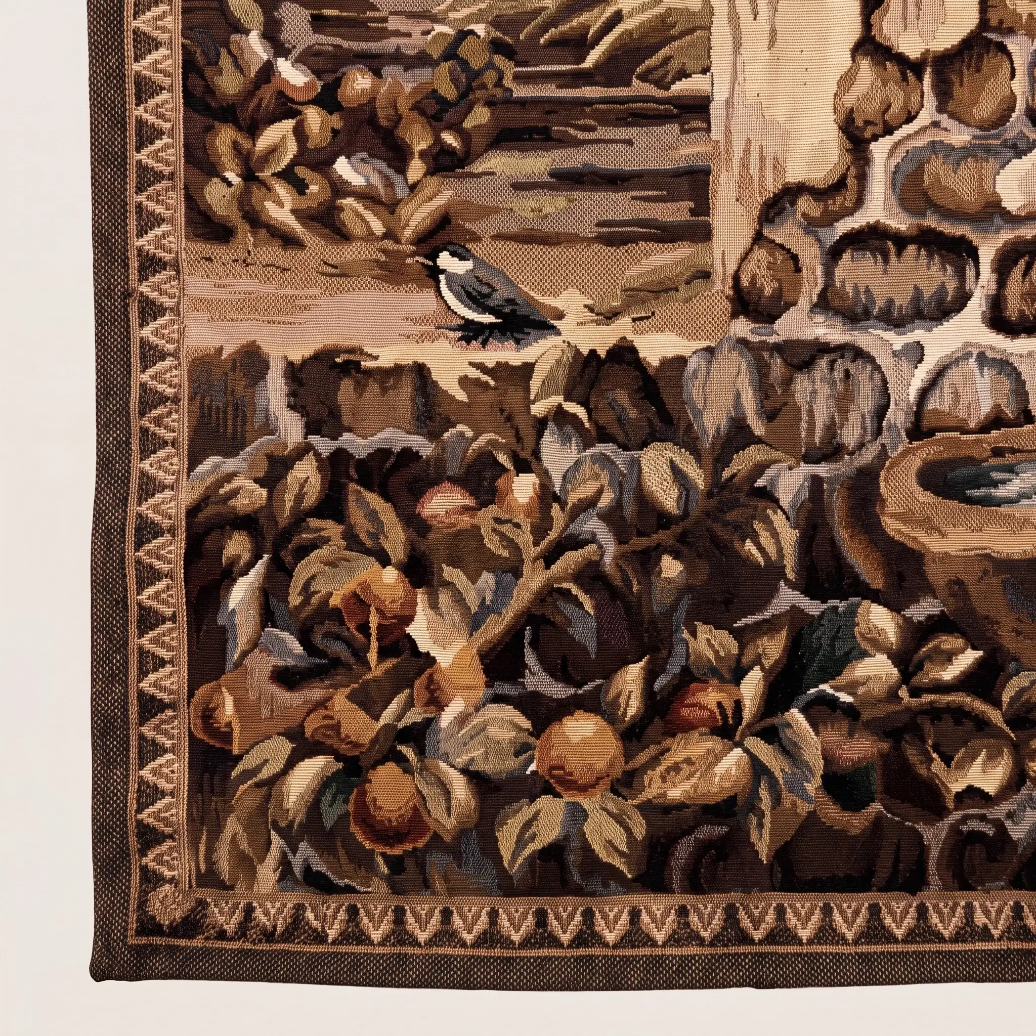 Bird Bath Hand Woven Tapestry 2 Corner of a handwoven wool tapestry showing a small bird, fruit and leaves, the zigzag border and the woven texture