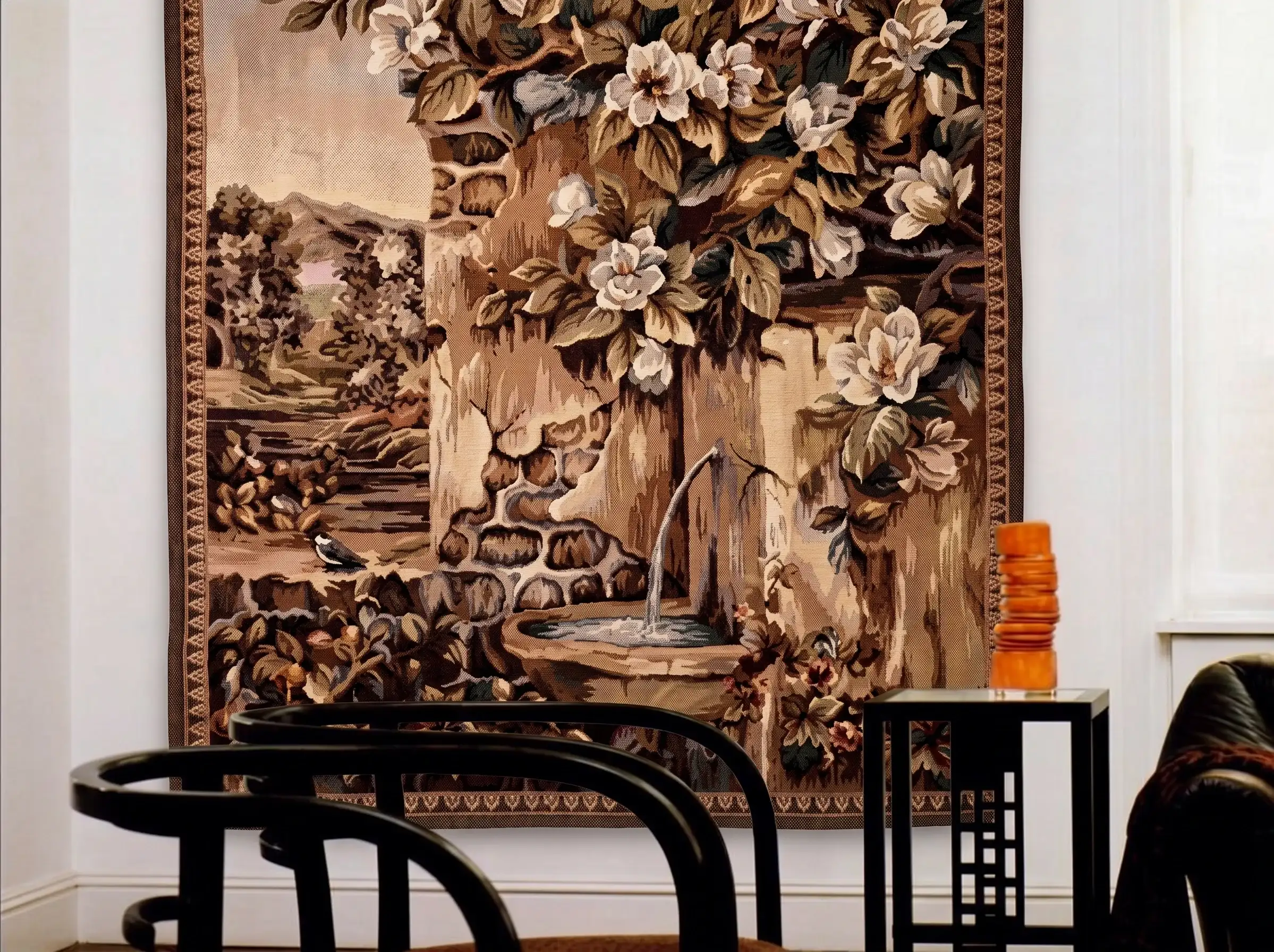 Bird Bath Hand Woven Tapestry 3 Handwoven wool tapestry of a stone wall fountain and magnolias hanging behind two bentwood chairs
