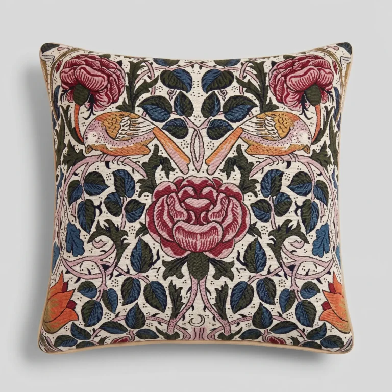 Square tapestry throw pillow with two facing birds, pink and red roses, orange tulips and blue-green leaves on an ivory background