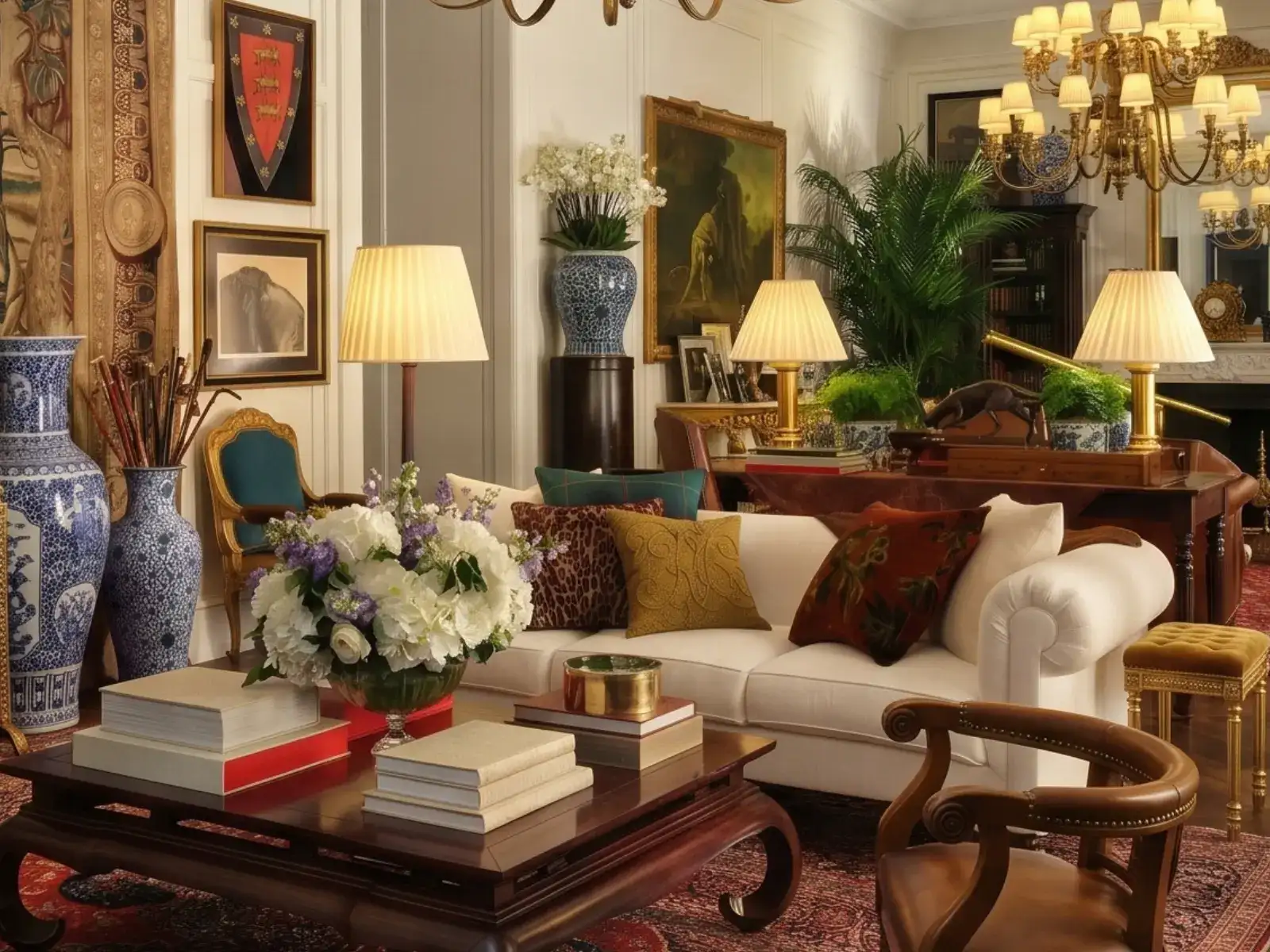 Classic English style layered living room with heritage furniture and warm lighting