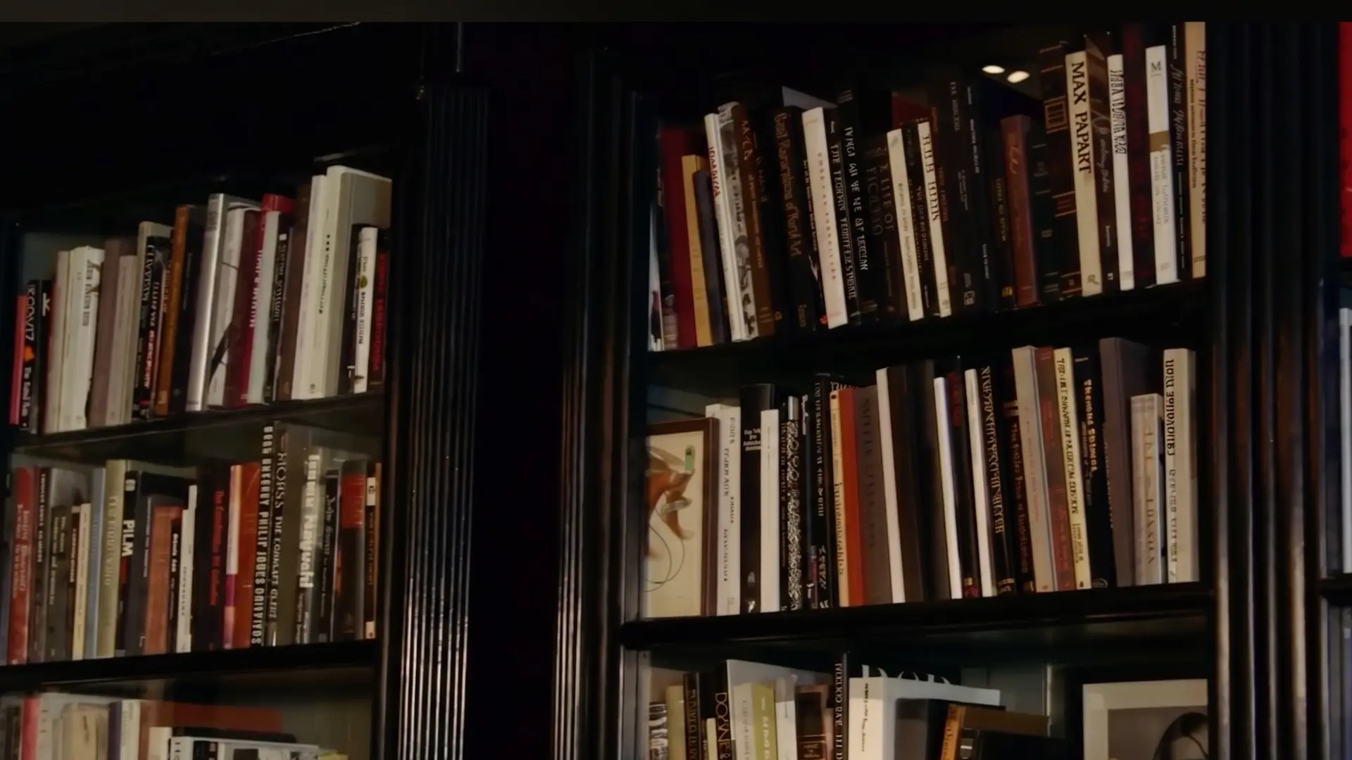 Collected library interior with bookshelves, layered materials, and gathered objects