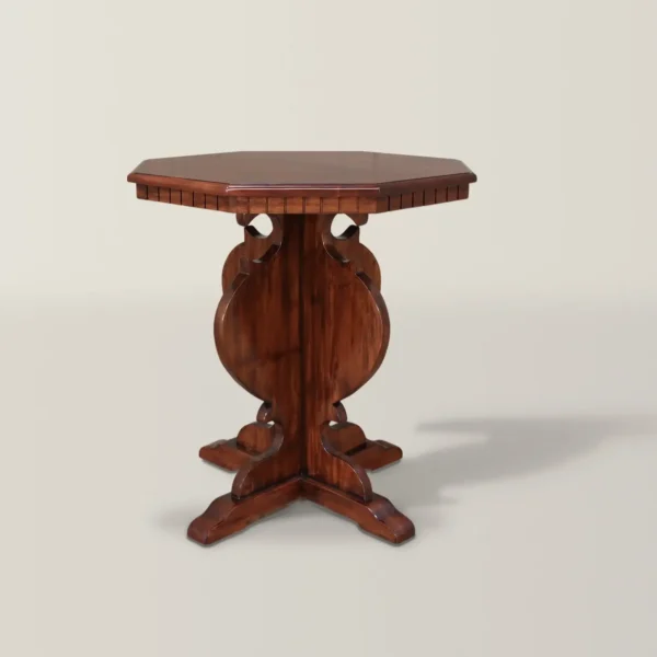 Gothic Revival walnut accent table with octagonal top, dentil-carved frieze and scrolled lyre pedestal on a cross base, front view