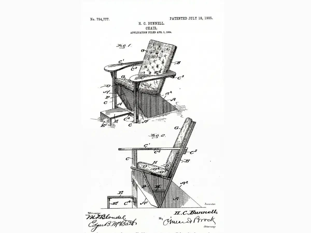 The Mysterious History of America's Favorite Outdoor Chair 3 Original 1905 Westport Chair patent drawing filed by Harry C. Bunnell β Adirondack chair history
