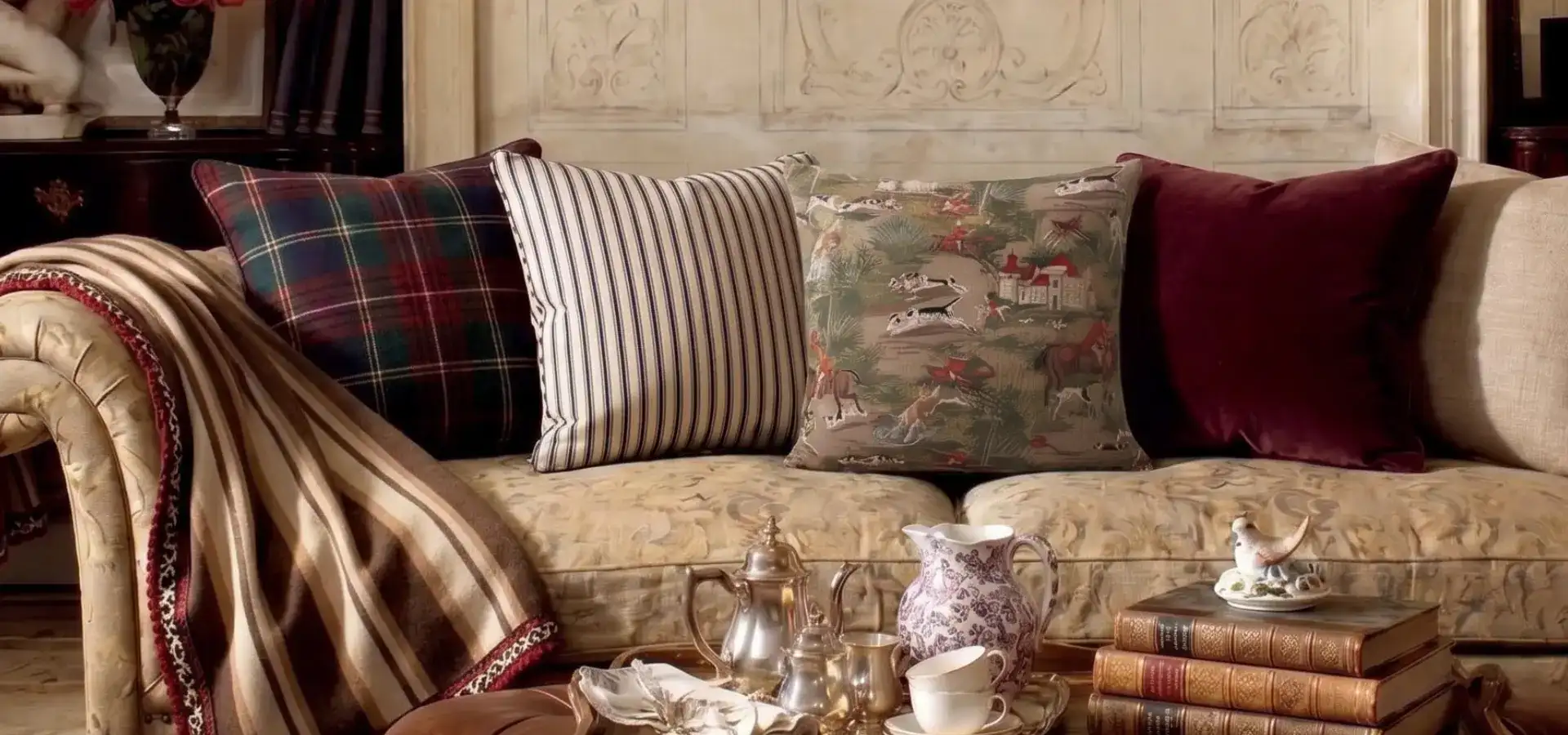 Layered throw pillows arranged on a sofa using plaid, velvet and stripe textiles.
